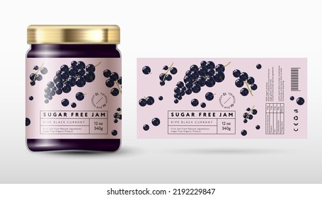 Black currant jam. Jam for a healthy diet sugar free. Ripe berries and frames with text on a light- pink background.