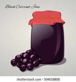 Black Currant jam in a jar and fresh Black currant isolated on grey background. Simple cartoon style. Vector illustration.