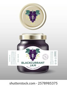 Black Currant Jam. Sweet food. Design of label with flat illustration and texts. Mockup of Glass Jar with Label.