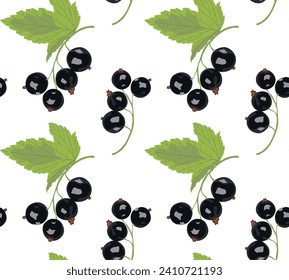 Black currant on a branch with leaves. Seamless pattern in vector. Suitable for backgrounds and prints.