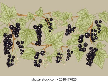 Black currant black, ripe berries. Seamless pattern, background. Vector illustration. In botanical style on kraft beige background