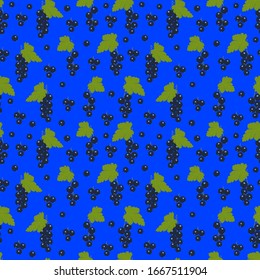 Black currant. Seamless vector pattern on a blue background for design, packaging, Wallpaper, fabric.