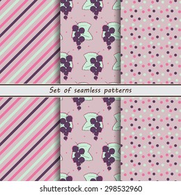 Black currant, set of 3 seamless patterns, currants, berries, bar, line, diagonal, multicolored polka dots, vector