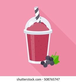 Black currant smoothie vector illustration, blend fruits juice, flat design with long shadow