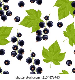 Black currant vector background. Seamless pattern with fresh berries and green leaves. Cartoon flat illustration.