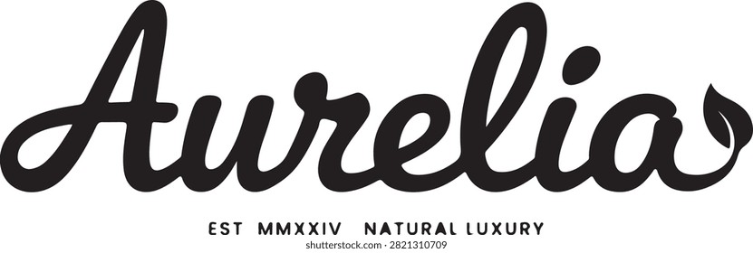 Black cursive script aurelia with a small leaf established date mmxiv, natural luxury text