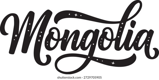 Escritura cursiva negra con estrellas deletreando Mongolia
