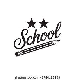 Black cursive text School accompanied by two solid stars and a striped pencil pointing right, representing education.