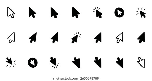 Seta preta cursor arte design isolado em um fundo branco. Seta direção financiar voo criativo mosca indicador coleção. Conjunto de pacotes de cursor preto Eps. Usado para ativos de negócios.
