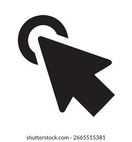 Black cursor arrow clicking or pointing on something isolated on white background, representing selection, choice, or interaction in a digital interface or application