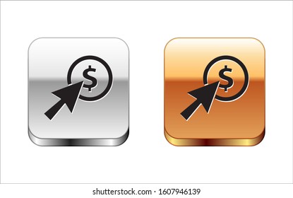 Black Cursor and coin icon isolated on white background. Dollar or USD symbol. Cash Banking currency sign. Silver-gold square button. Vector Illustration