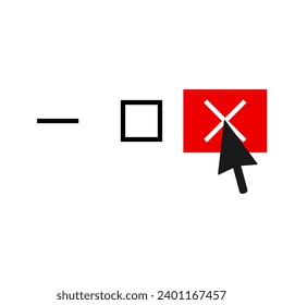 Black cursor on red square x close icon with maximize and minimize next to it, isolated on white background.