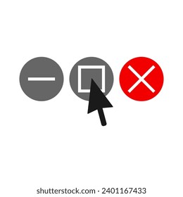 Black cursor on round maximize icon with close x and minimize next to it, isolated on white background.