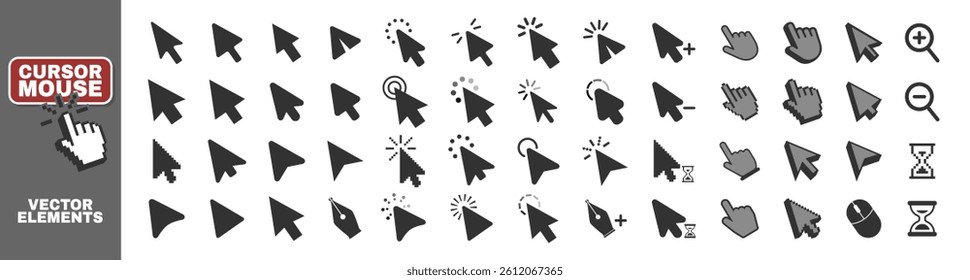 Black cursors icons click set isolated on transparent. Pointer cursor and loading icon. Clicking cursor, pointing hand clicks icons.