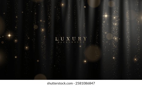 Black curtain backdrop decorated with shimmering glow and bokeh effect, black luxury background design idea for grand opening or award ceremony.