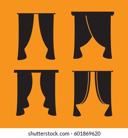  black curtain icons on white background. Curtains collection