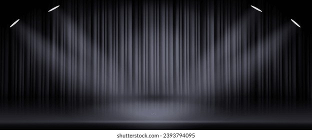 Black curtain with light spot on stage. Vector realistic illustration of concert hall with spotlights shining, glossy floor and fabric drapery, awarding or graduation ceremony, show banner background