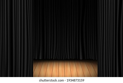 black curtain and light of spotlight on the wooden floor in the dark room