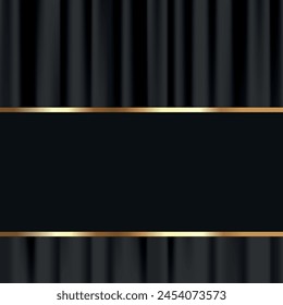 Black curtain on stage background with golden frame for text. Velvet stage curtain in theater scene or cinema. Vector illustration