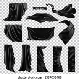 Black curtain vectorized image. Drapery fabric 3d realistic vector set