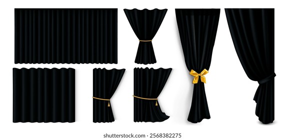 Black curtains set isolated on white background. Vector realistic illustration of velvet drapery with yellow rope, golden ribbon bow, home interior textile, theater stage decoration, classic valance