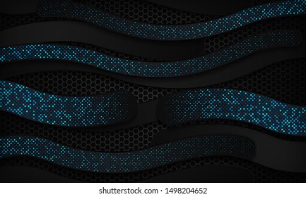 Black curve abstract background with blue dots element and hexagon texture. Modern luxury futuristic technology design concept.