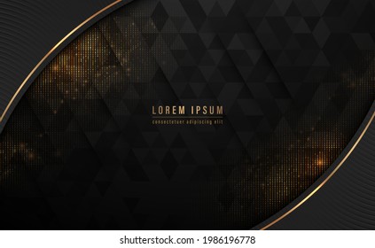 Black curve shape and gold lines abstract background with triangle pattern, golden glittering dots. Vector illustration