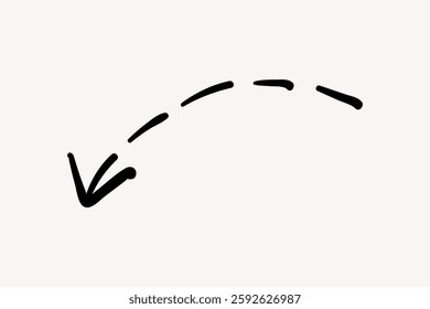 Black curved arrow with dashed line on white background. Simple arrow design. pointing left. Curved arrow illustration. Dashed  line. Isolated vector illustration.