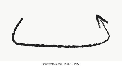 Black curved arrow on white background. Simple, hand-drawn  Minimalist design. Curved pointing upwards. Sketchy, artistic style. Black doodle arrow illustration vector.