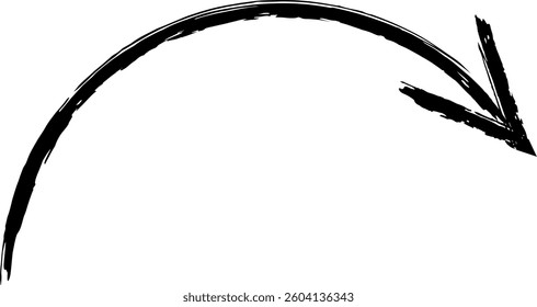 Black curved arrow pointing down and right, hand drawn with chalk on a white background, serving as an ideal design element for educational and business presentations