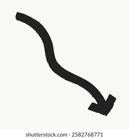 Black curved arrow pointing downwards on a white background. The arrow is thick and bold, creating a strong visual contrast. Simple and clear design. Black doodle arrow illustration vector.