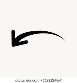 Black curved arrow pointing left on a white background. Simple arrow design, curved arrow for direction, navigation, or indicating movement leftward. Arrow vector graphic.