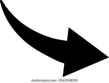 Black curved arrow pointing right, isolated against a white background, symbolizing direction, movement, and progress, effectively conveying concepts of navigation and forward momentum
