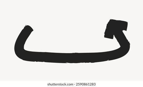 Black curved arrow pointing right, simple design. Arrow in bold black, curved and pointing right. Minimalist black arrow, curved and directional. Isolated vector element.