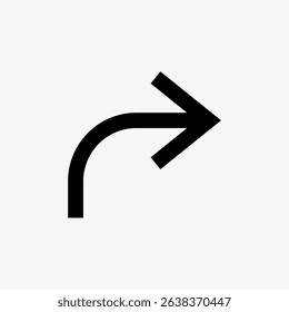 Black curved arrow pointing right on a white background. The arrow indicates direction, movement, or navigation. Simple arrow design for guidance. Arrow vector graphic.