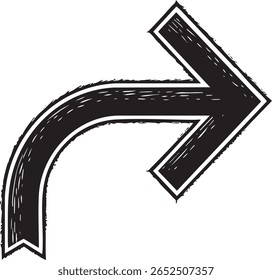 Flecha curva negra que apunta a la derecha con una textura áspera aislada sobre fondo transparente