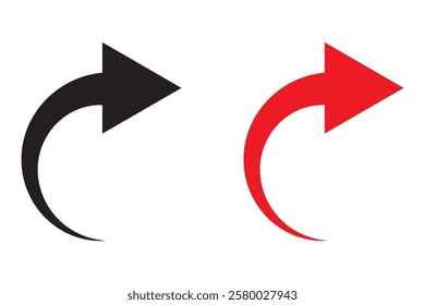Black curved arrow. Red curved pointer. Dual color symbol. Vector direction icon.