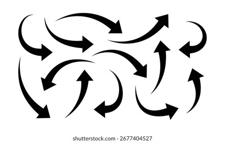 Black curved arrow set pointing in multiple directions symbolizing movement, navigation, rotation, choice, decision making, workflow, process, and dynamic concept design.