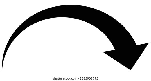 Black curved arrow sign. Arrow sign. Curved arrow pointing right. Black long arch arrow. 