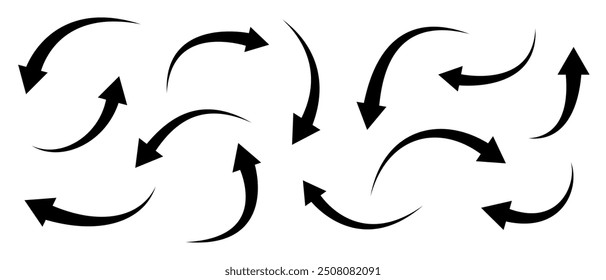 Black curved arrows icons set. Arrow sign in flat style. Wind movement image, process repeat symbol, rotation. Vector illustration.