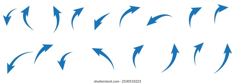 Black curved arrows icons set. Arrow sign in flat style. Wind movement image, process repeat symbol, rotation. Vector illustration.