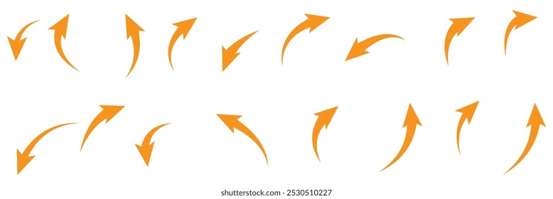 Black curved arrows icons set. Arrow sign in flat style. Wind movement image, process repeat symbol, rotation. Vector illustration.