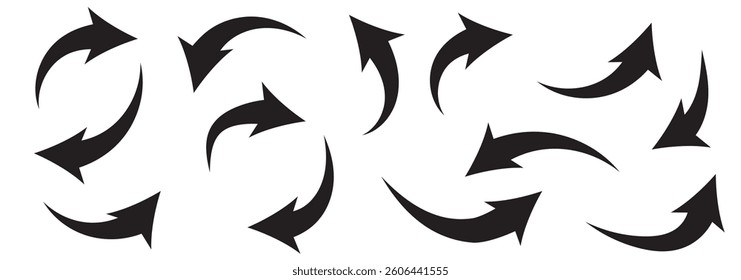 Black curved arrows icons set. Arrow sign in flat style. Wind movement image, process repeat symbol, rotation. Vector illustration.