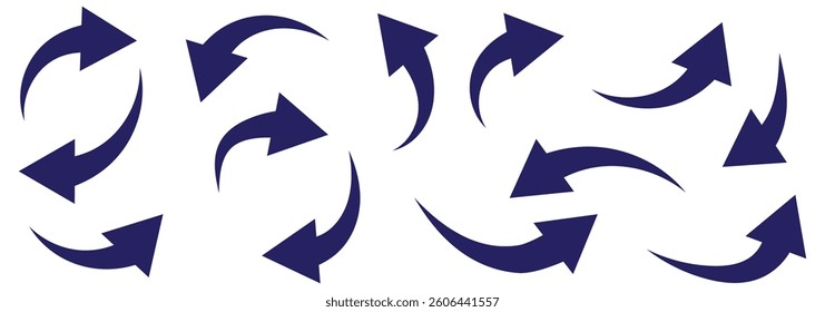 Black curved arrows icons set. Arrow sign in flat style. Wind movement image, process repeat symbol, rotation. Vector illustration.