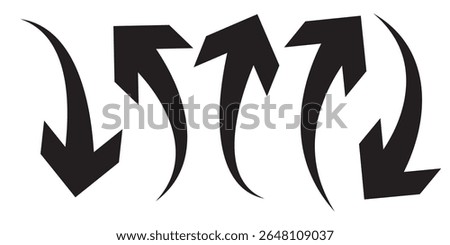 Black curved arrows icons set. Arrow sign in flat style. Wind movement image, process repeat symbol, rotation. Vector illustration