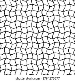 Patrón sin fisuras del vector de rejilla curva negra. Textura geométrica a mano a cuadros. Pincel vertical y horizontal dibujado texturizado cruzando franjas onduladas. Ornamento interminable con rayas onduladas con células negras