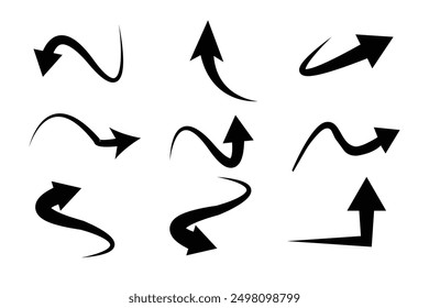 black curved hand drawn arrows set design. vector illustration.