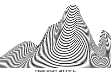 Linhas horizontais curvas pretas formam um padrão de onda abstrato criando uma ilusão óptica fluente em um fundo branco. Ideal para arte moderna, cartazes e design gráfico.