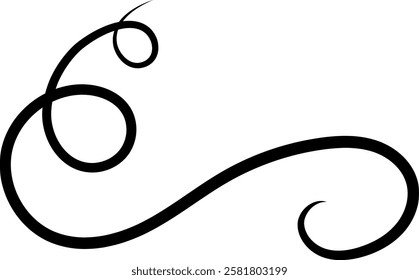 Black curved line forming an elegant flourish with spirals and curves, creating a decorative swirl on a white background, ideal for embellishing designs