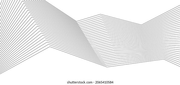 Black curved refracted geometric lines tech background. Abstract grey monochrome minimal vector banner design